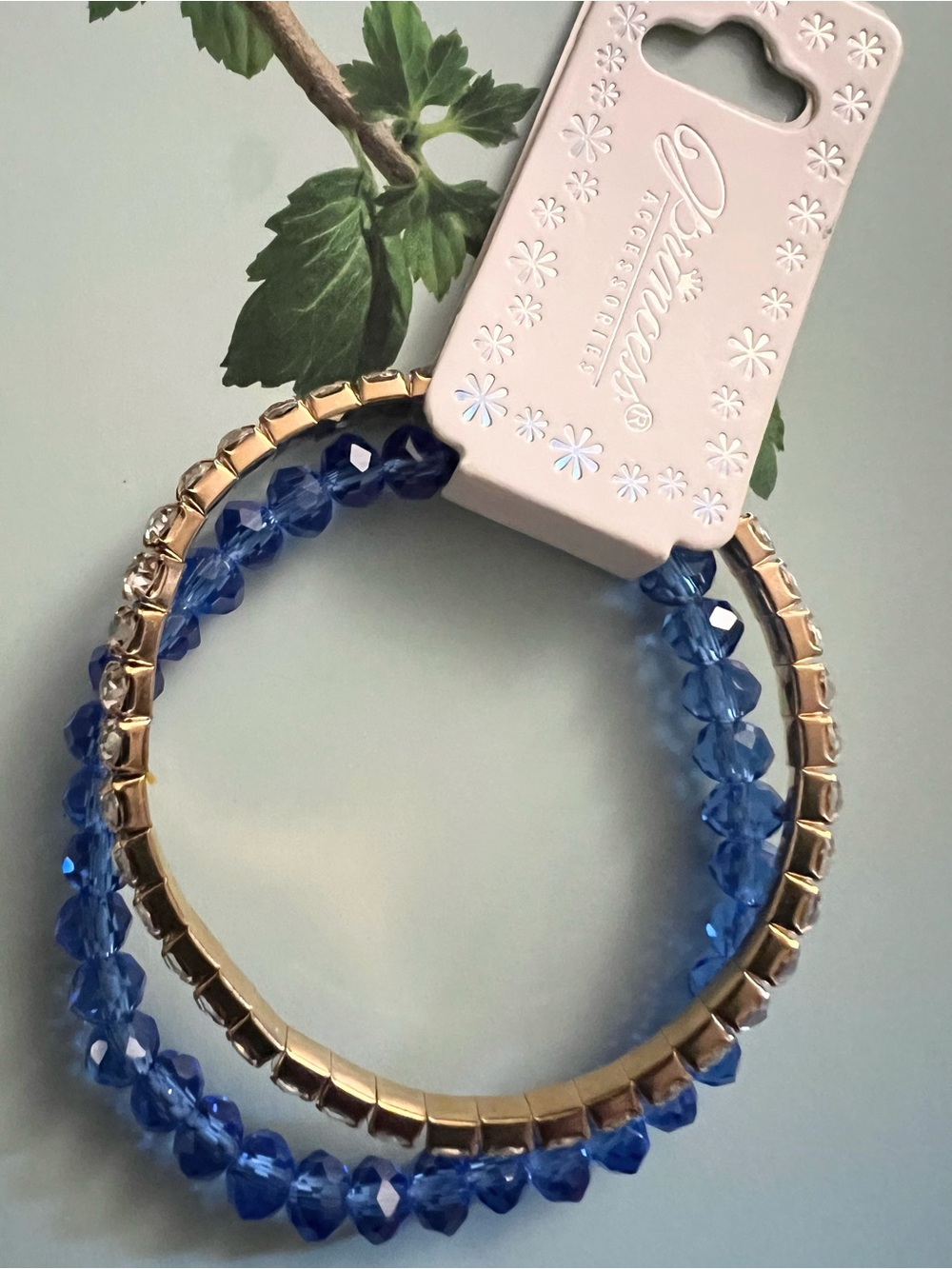 Blue Beaded & God Rhinestone Stretch Bracelet Set